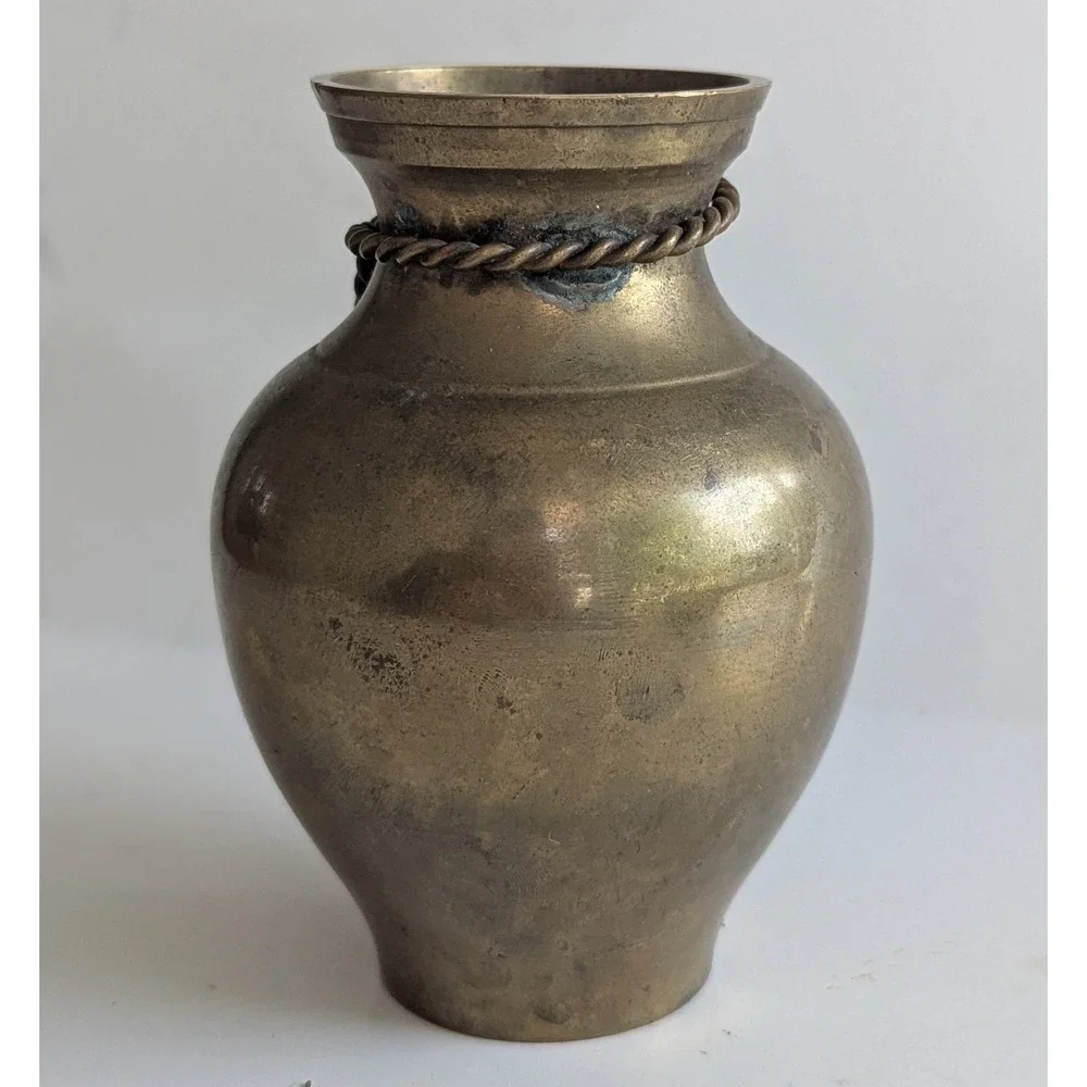 Vintage Brass Bud Vase with Twisted Rope Accent and Sphere Finials Patina 4.75